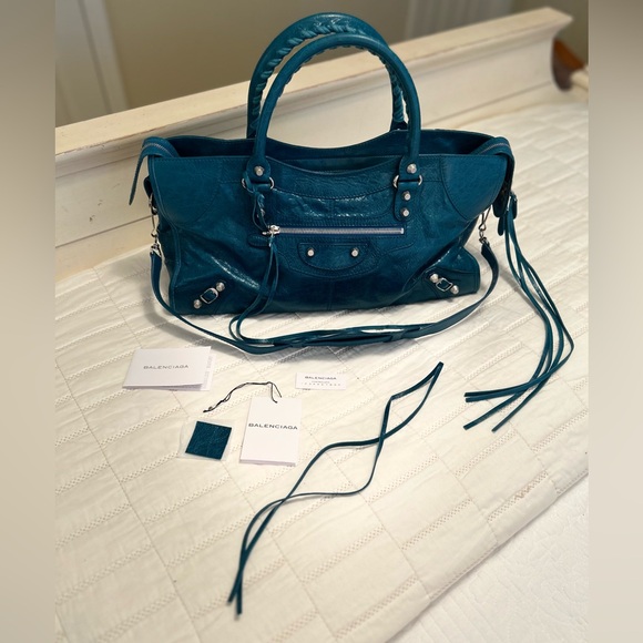 🩵HTF Balenciaga Part Time Silver ToneHardware Blue Lagoon with extra Tassel NWT🩵 - Picture 2 of 14